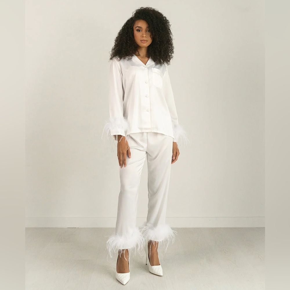 Feather-Trim White Satin Pajama Set - Women's Intimates
